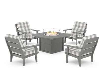 POLYWOOD® Lakeside 5-Piece Deep Seating Set with Nautical Fire Pit Table in Slate Grey / Buffalo Plaid Grey Mist