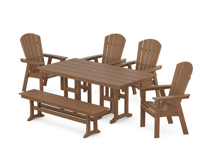 POLYWOOD® Nautical Curveback Adirondack 6-Piece Farmhouse Dining Set with Bench in Teak