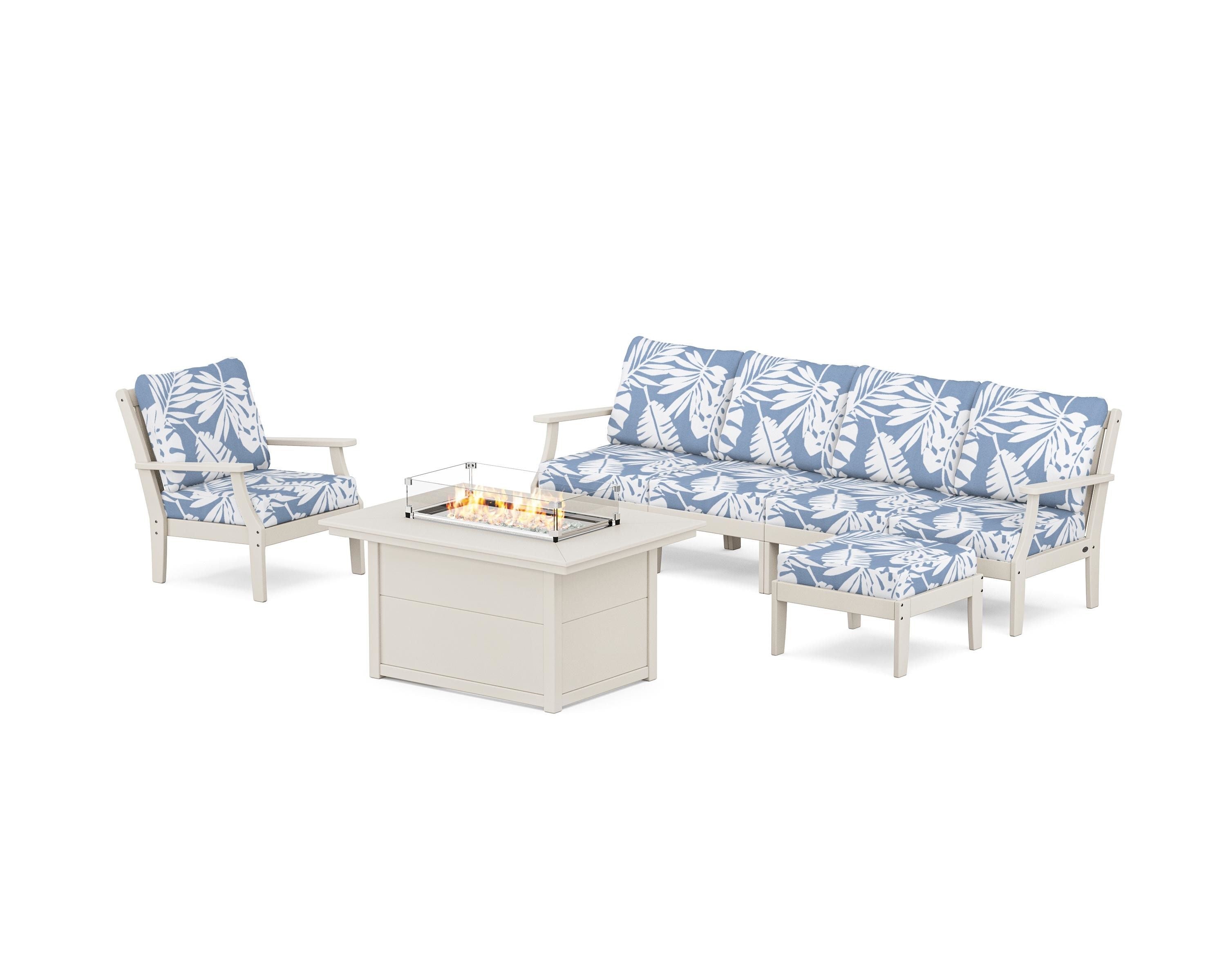 POLYWOOD® Braxton Sectional Lounge and Fire Pit Set in Sand / Leaf Sky Blue