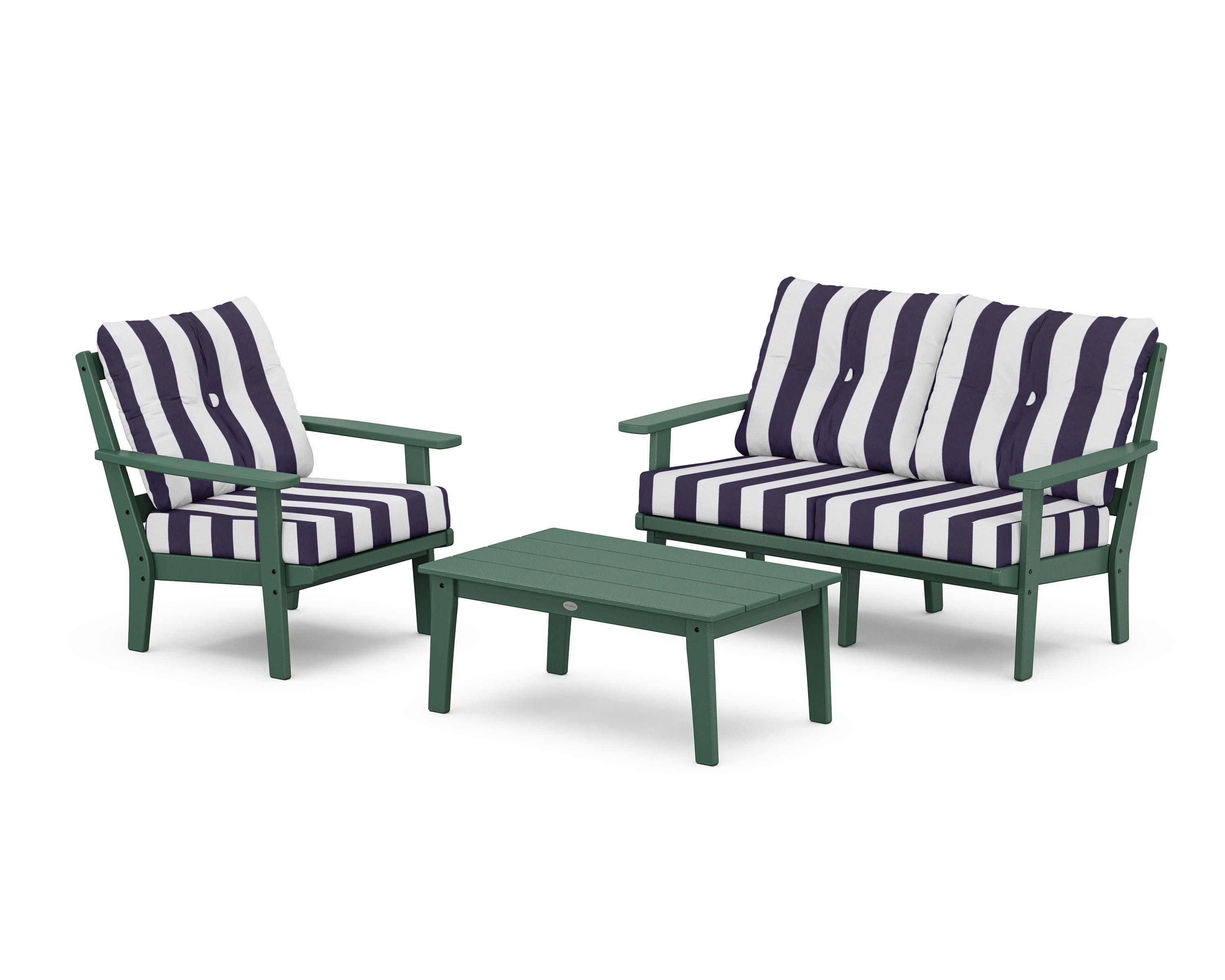 POLYWOOD® Prairie 3-Piece Deep Seating Set with Loveseat in Green / Cabana Stripe Navy