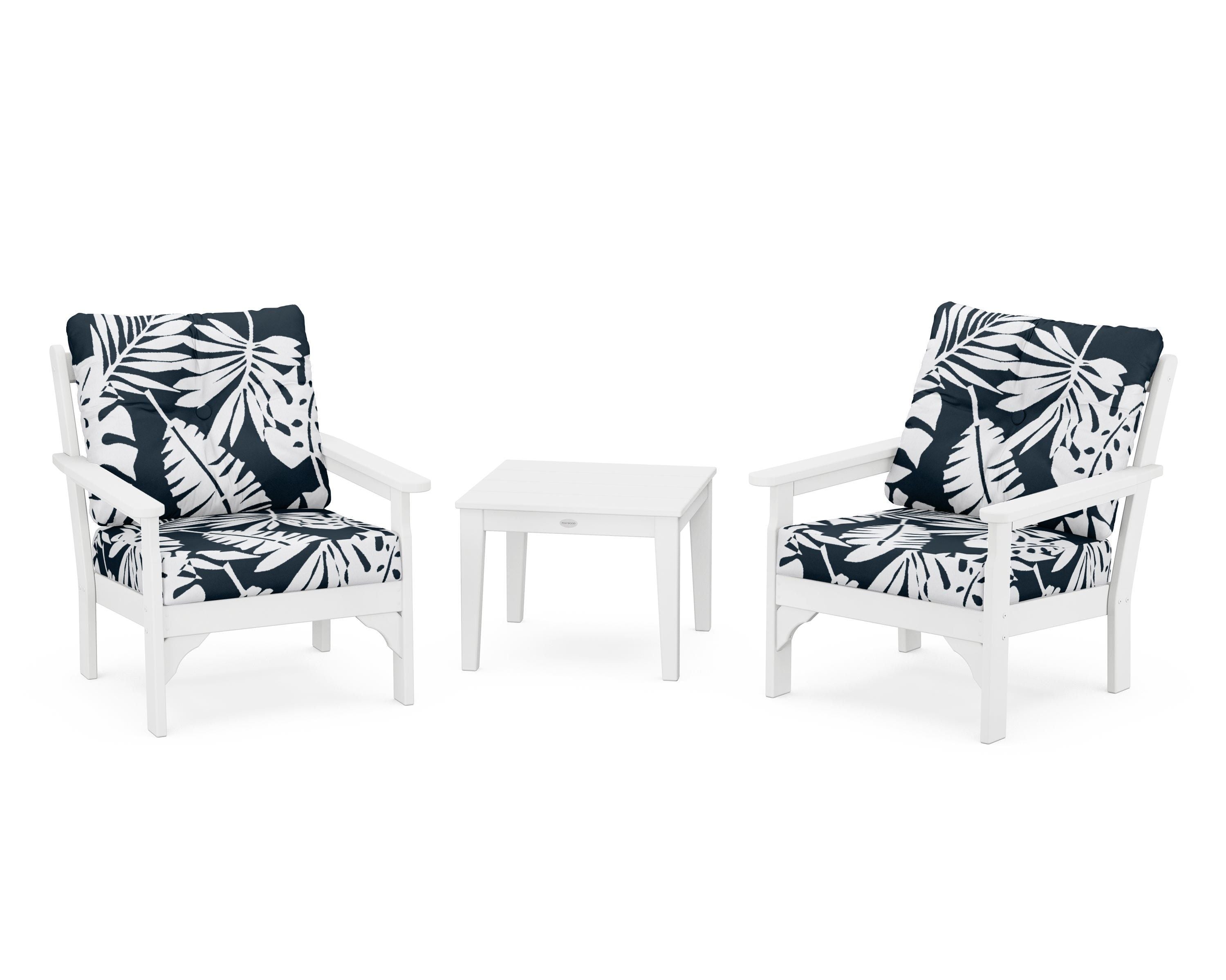 POLYWOOD® Vineyard 3-Piece Deep Seating Set in White / Leaf Marine Indigo