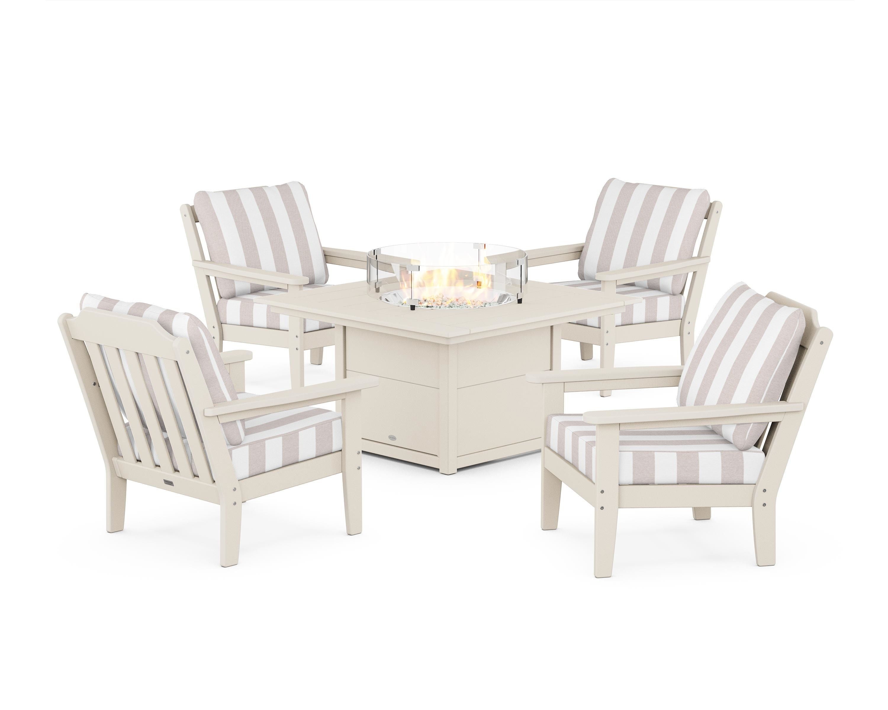 Country Living Cottage 5-Piece Deep Seating Set with Fire Pit Table in Sand / Cabana Stripe Dune Burlap