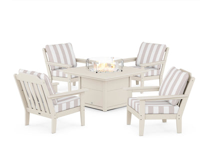 Country Living Cottage 5-Piece Deep Seating Set with Fire Pit Table in Sand / Cabana Stripe Dune Burlap