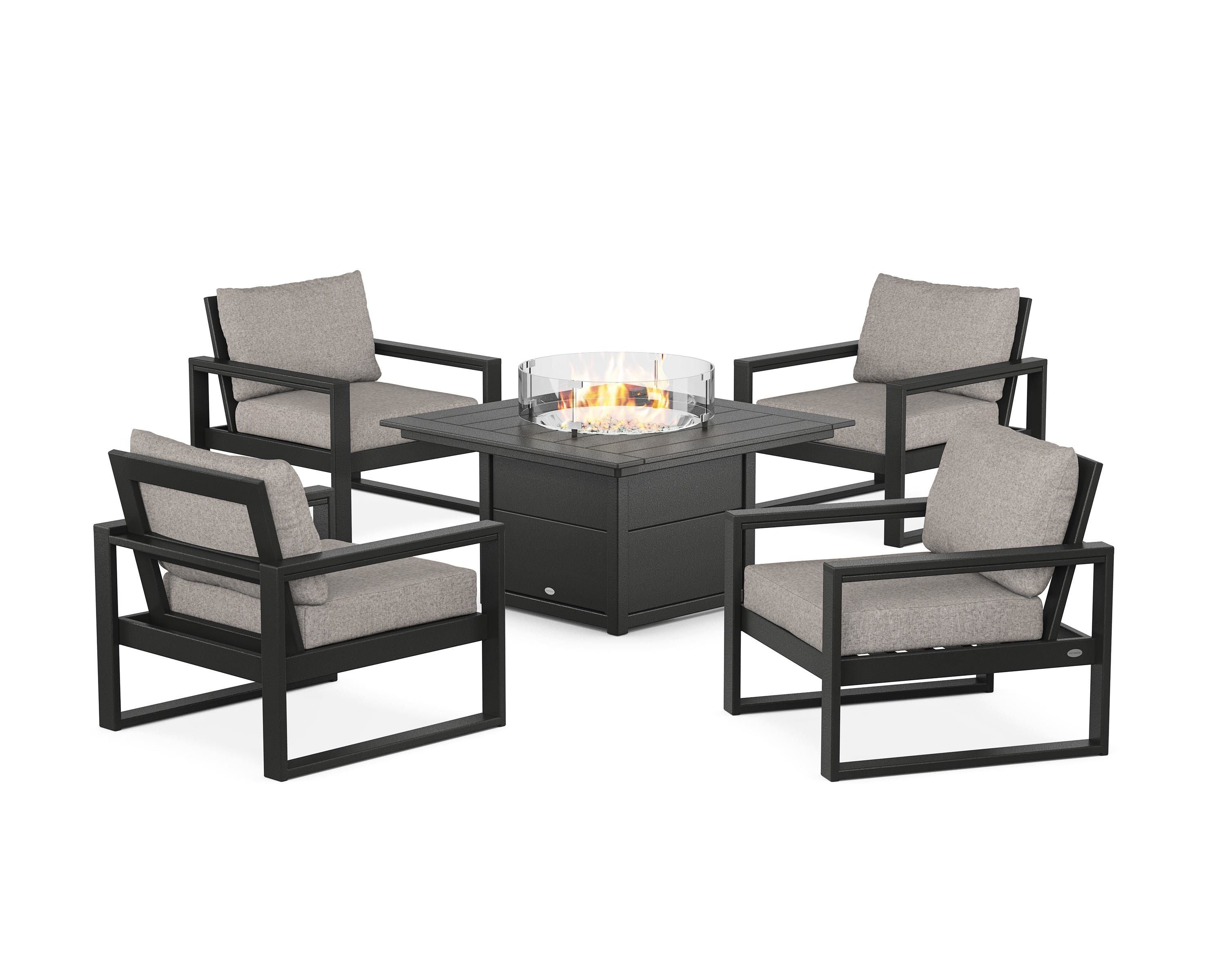 POLYWOOD® EDGE Sectional 5-Piece Deep Seating Set with Fire Pit Table in Black / Weathered Tweed