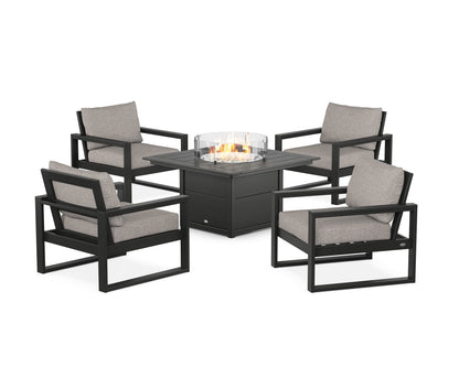 POLYWOOD® EDGE Sectional 5-Piece Deep Seating Set with Fire Pit Table in Black / Weathered Tweed