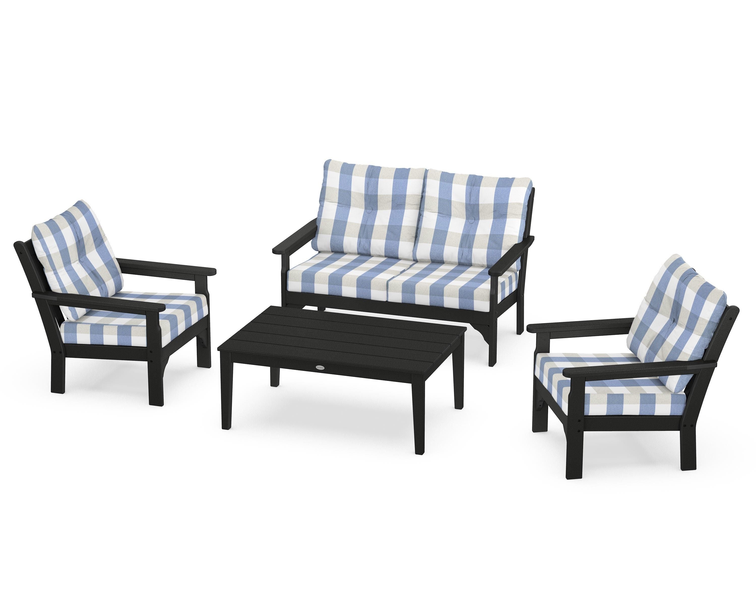 POLYWOOD® Vineyard 4-Piece Deep Seating Set in Black / Buffalo Plaid Sky Blue