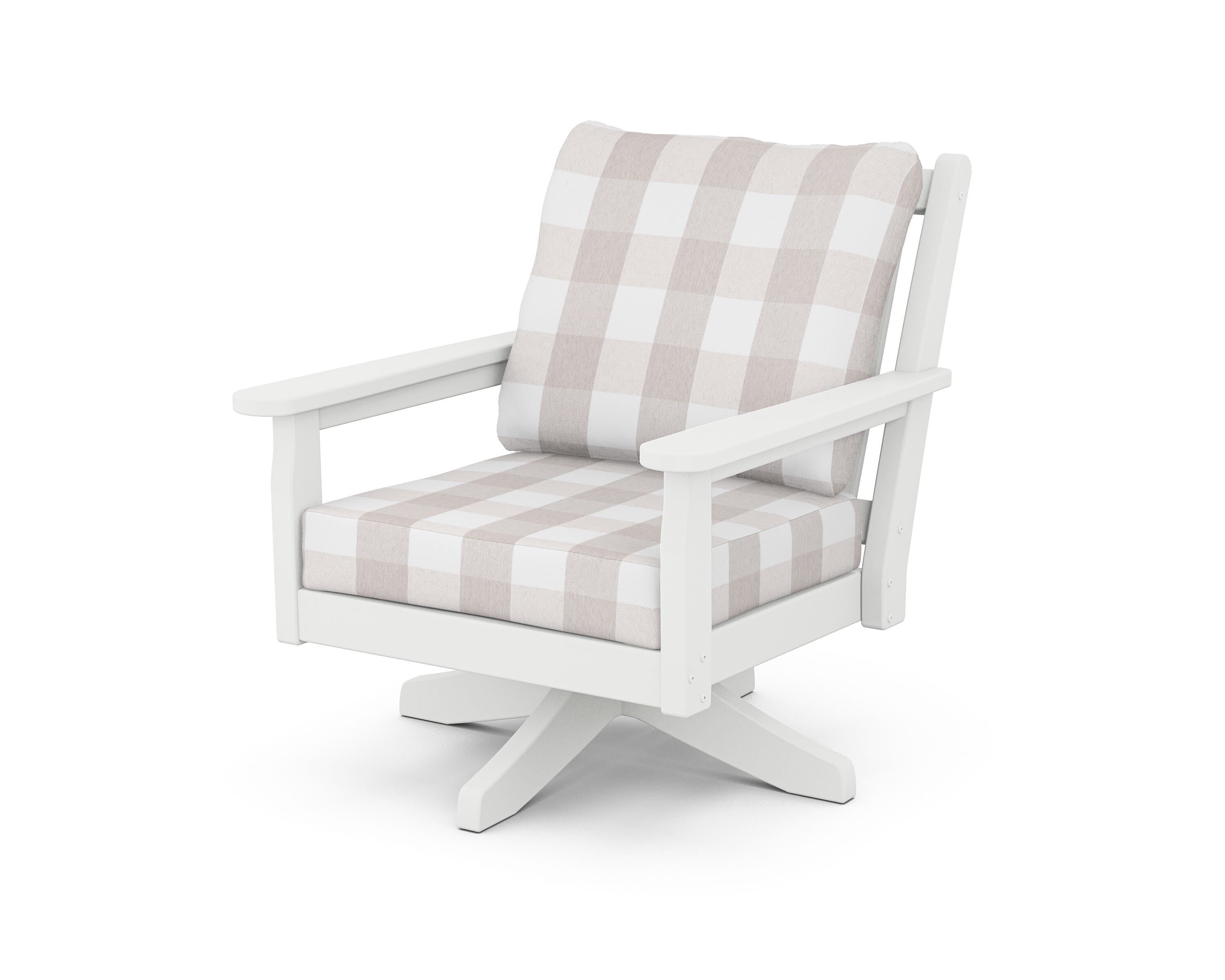 POLYWOOD® Chippendale Deep Seating Swivel Chair in White / Buffalo Plaid Dune Burlap