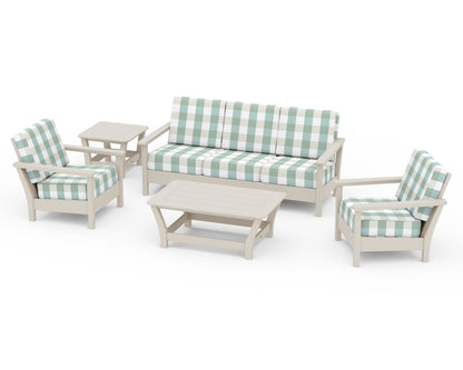 POLYWOOD® Harbour 5-Piece Deep Seating Set in Sand / Buffalo Plaid Glacier Spa