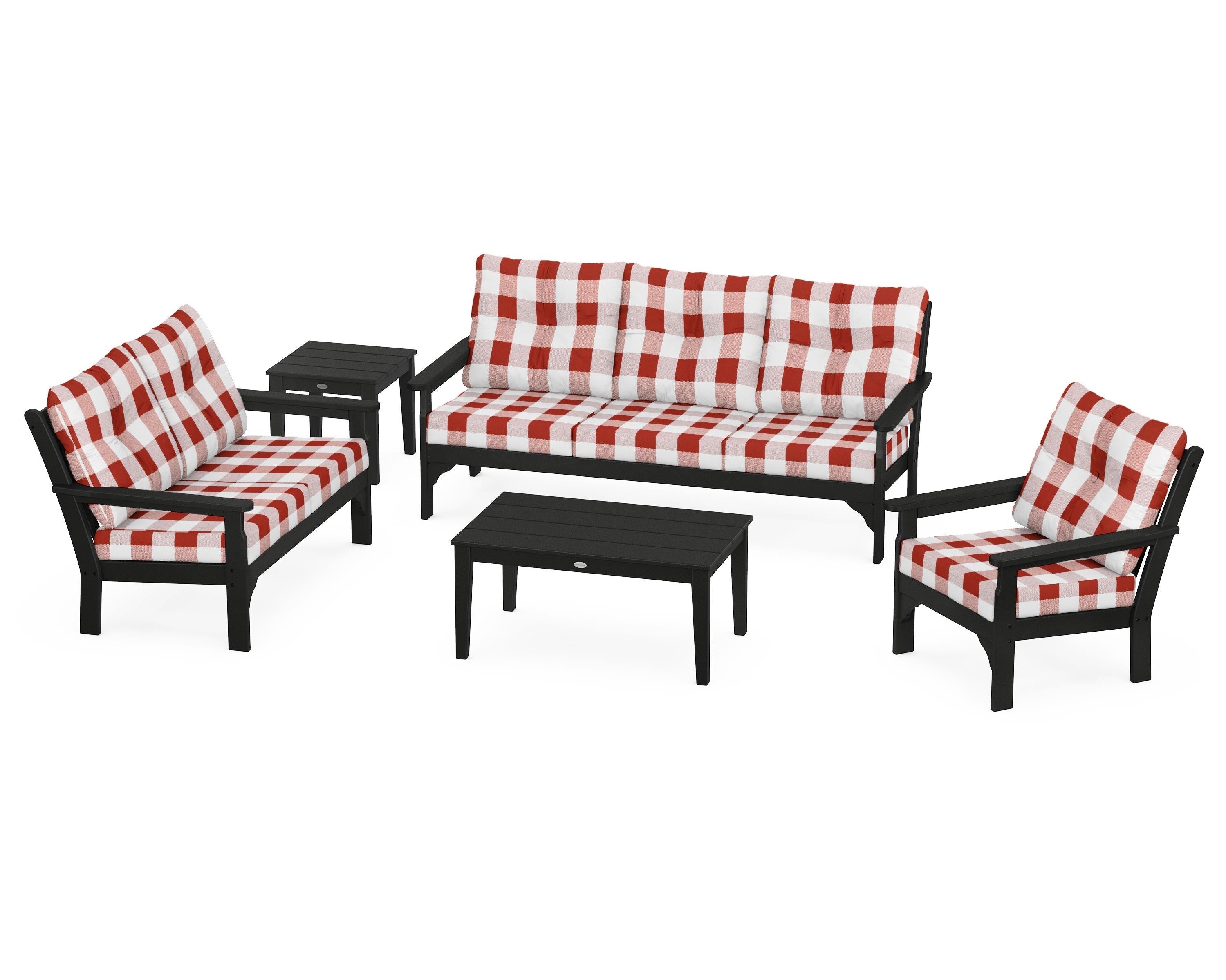 POLYWOOD® Vineyard 5 Piece Deep Seating Set in Black / Buffalo Plaid Crimson