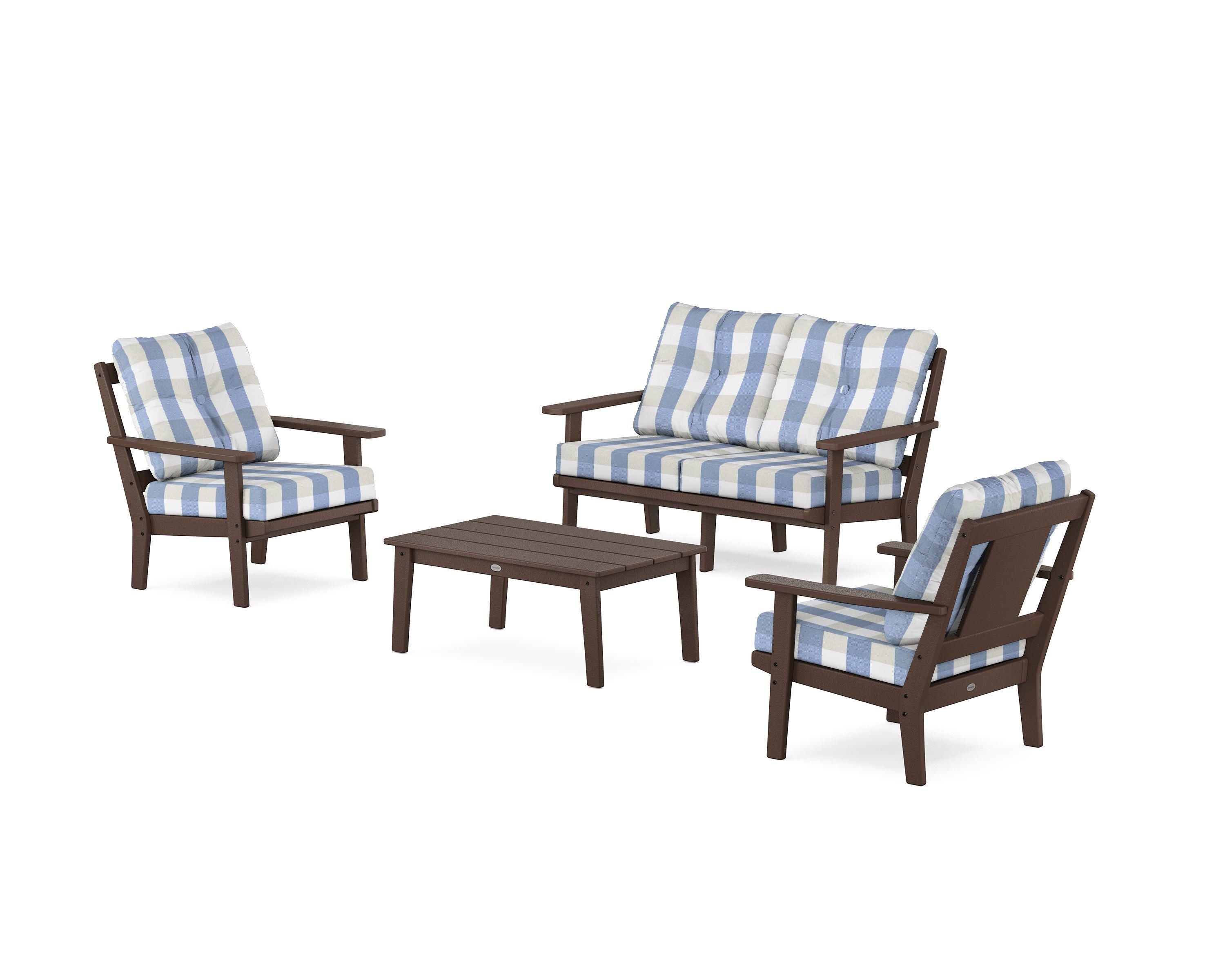 POLYWOOD® Prairie 4-Piece Deep Seating Set with Loveseat in Mahogany / Buffalo Plaid Sky Blue