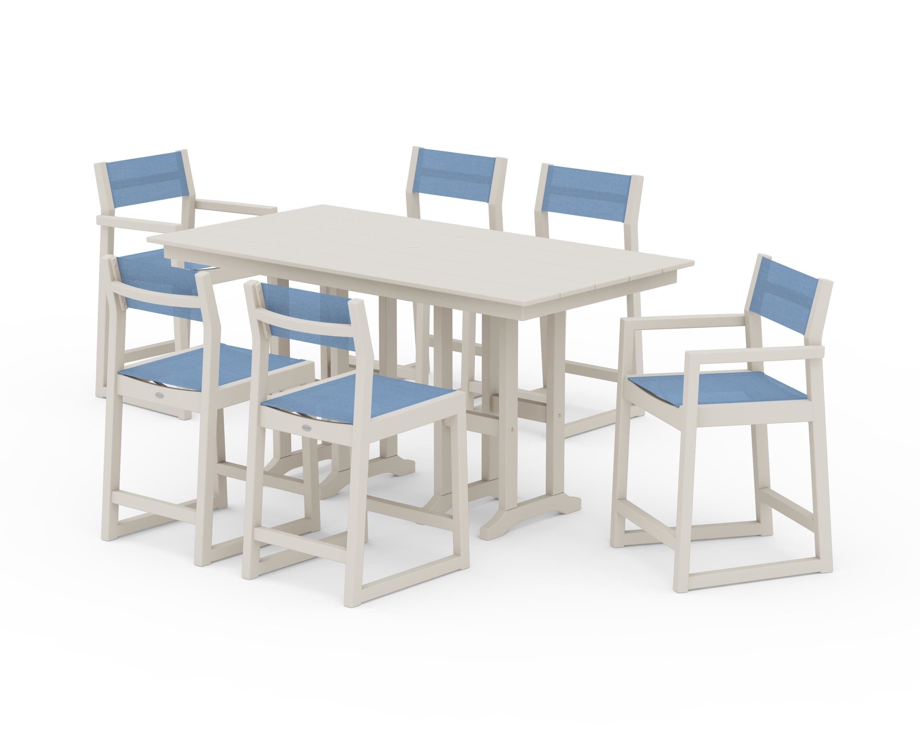POLYWOOD® EDGE Sling 7-Piece Farmhouse Counter Set in Sand / Poolside Sling