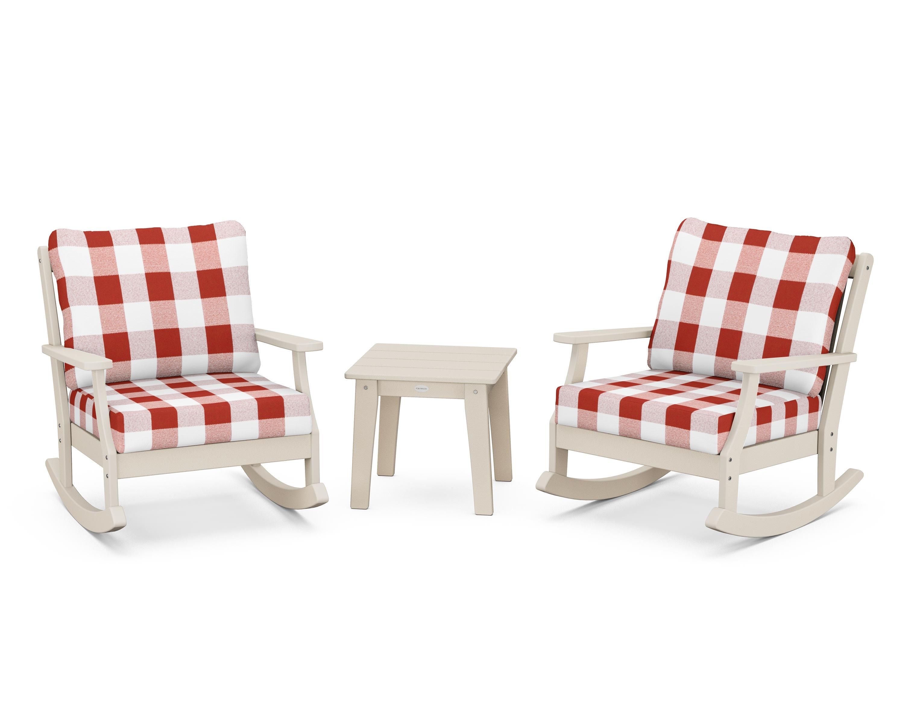POLYWOOD® Braxton 3-Piece Deep Seating Rocker Set in Sand / Buffalo Plaid Crimson