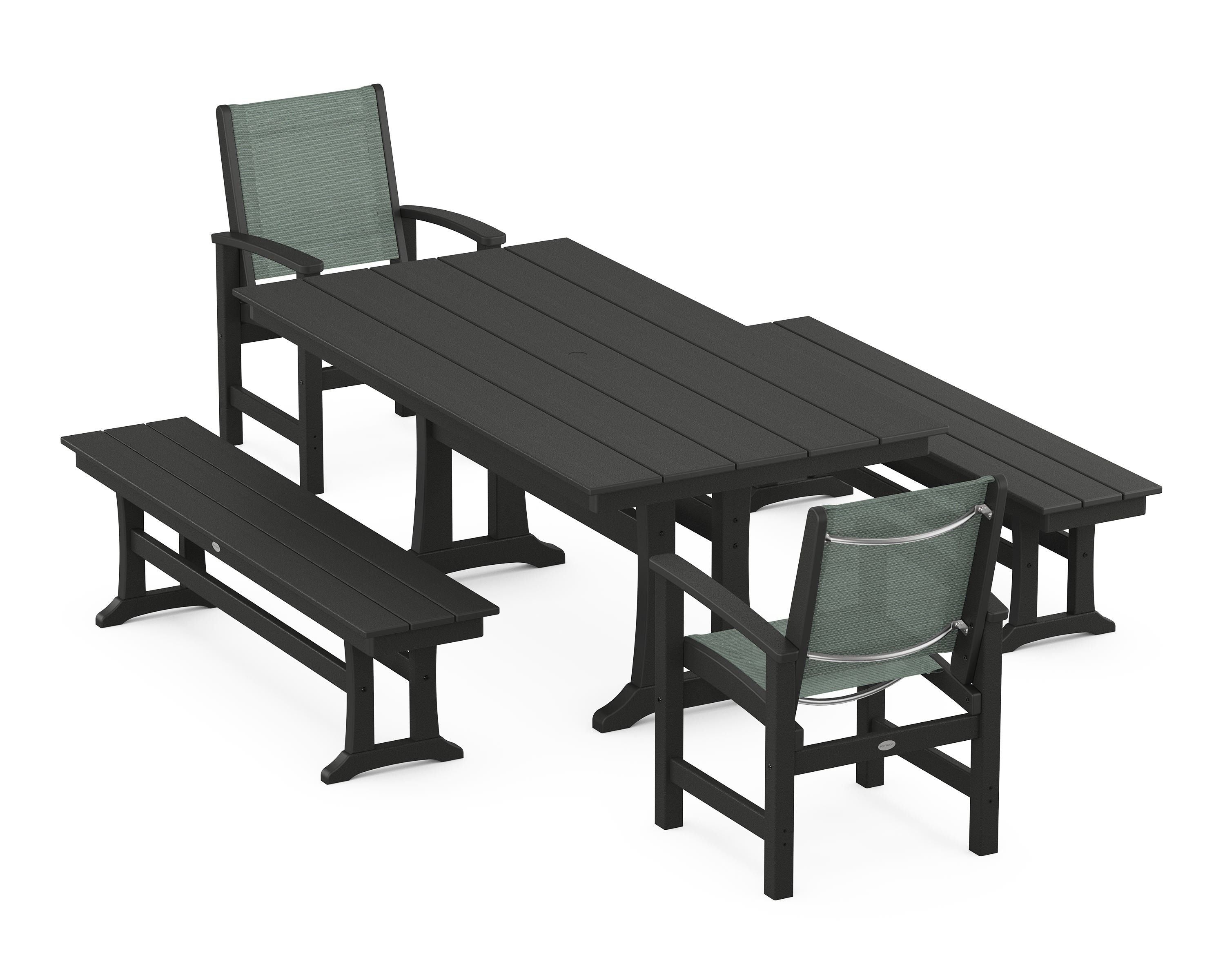 POLYWOOD® Coastal 5-Piece Farmhouse Dining Set with Trestle Legs and Benches in Black / Dupioni Sea Mist Sling