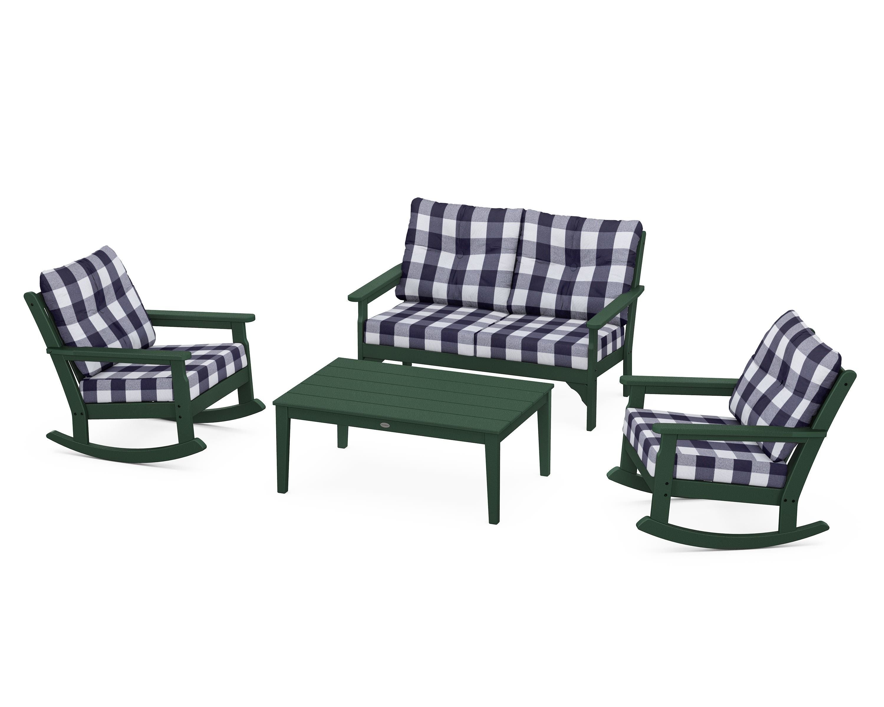 POLYWOOD® Vineyard 4-Piece Deep Seating Rocking Chair Set in Green / Buffalo Plaid Navy