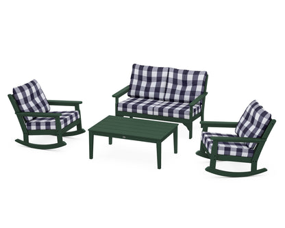 POLYWOOD® Vineyard 4-Piece Deep Seating Rocking Chair Set in Green / Buffalo Plaid Navy
