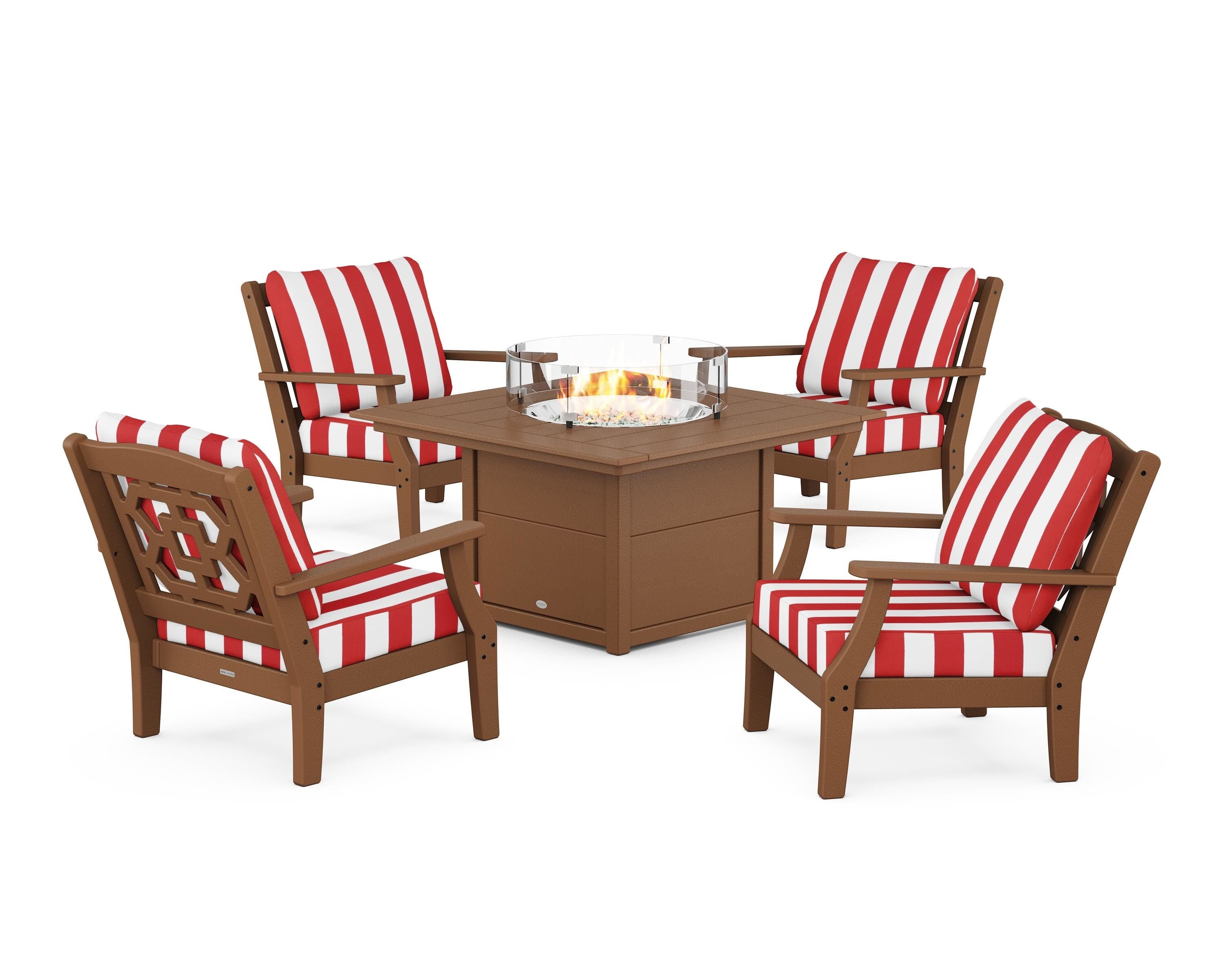 Martha Stewart by POLYWOOD® Chinoiserie 5-Piece Deep Seating Set with Fire Pit Table in Teak / Cabana Stripe Crimson