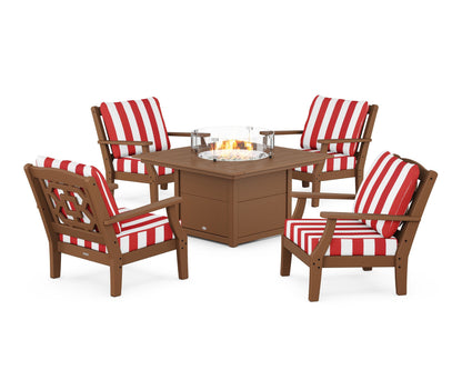 Martha Stewart by POLYWOOD® Chinoiserie 5-Piece Deep Seating Set with Fire Pit Table in Teak / Cabana Stripe Crimson