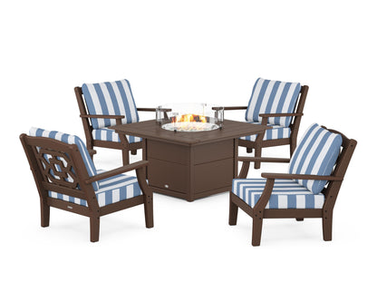 Martha Stewart by POLYWOOD® Chinoiserie 5-Piece Deep Seating Set with Fire Pit Table in Mahogany / Cabana Stripe Sky Blue