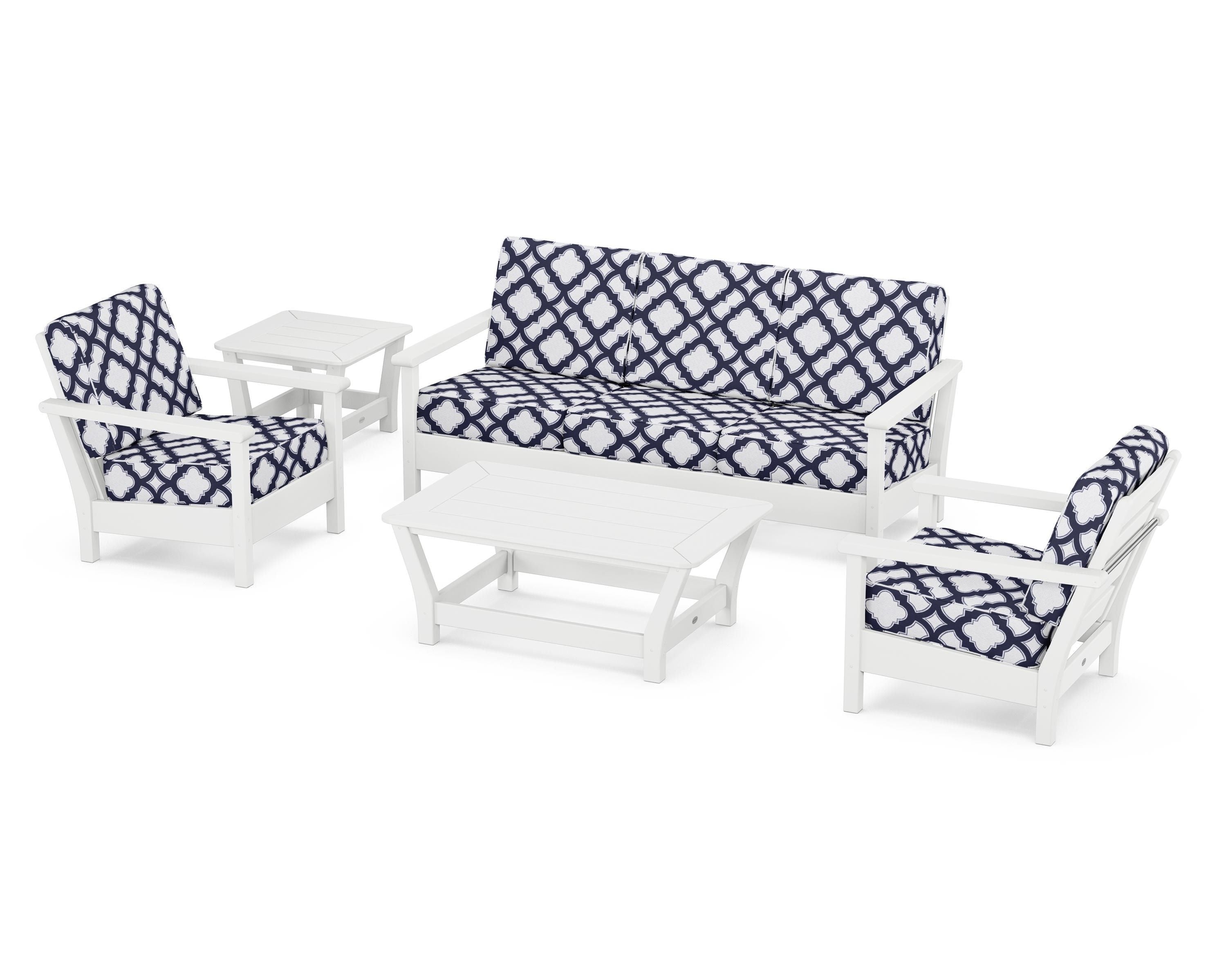 POLYWOOD® Harbour 5-Piece Deep Seating Set in White / Trellis Navy