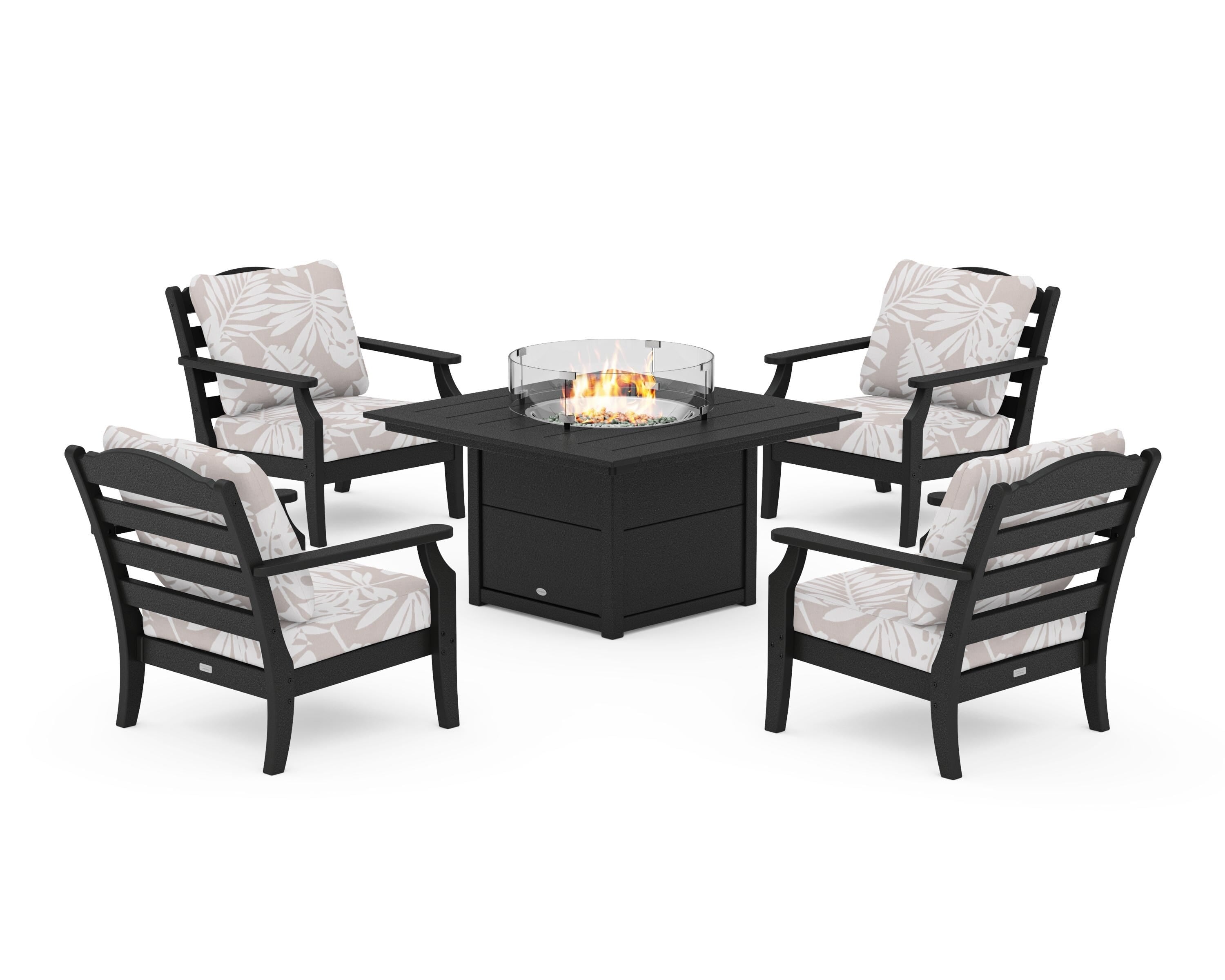 Draper James™ by  POLYWOOD® Savannah 5-Piece Deep Seating Set with Fire Pit Table in Black / Leaf Dune Burlap