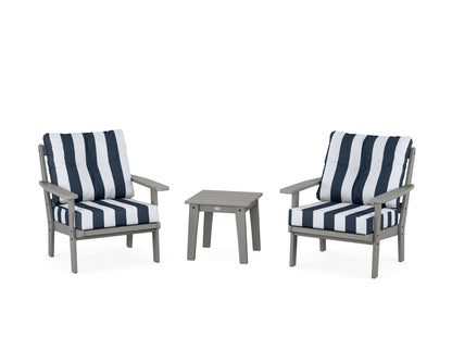 POLYWOOD® Prairie 3-Piece Deep Seating Set in Slate Grey / Cabana Stripe Marine Indigo
