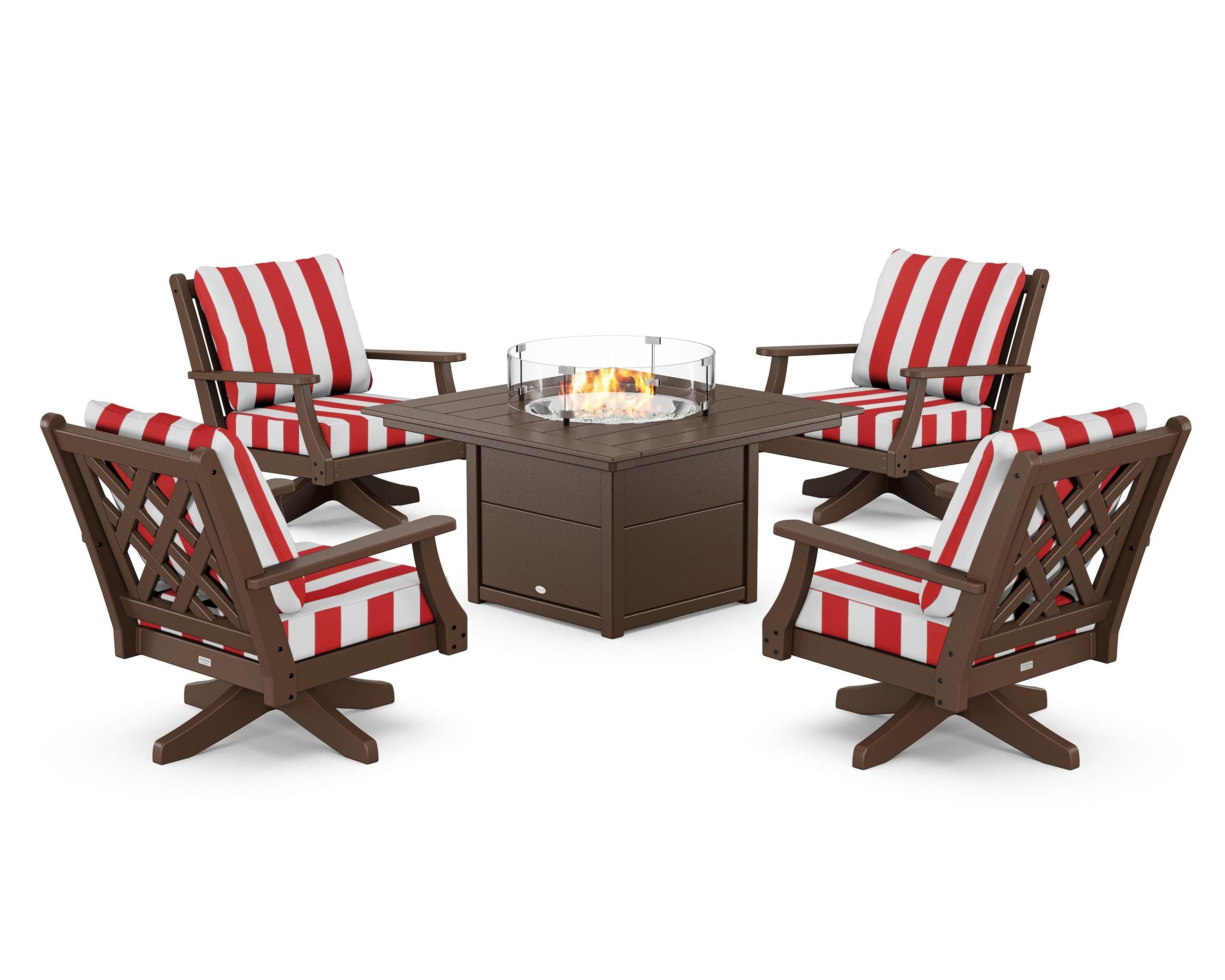 Country Living Wovendale 5-Piece Deep Seating Swivel Conversation Set with Fire Pit Table in Mahogany / Cabana Stripe Crimson
