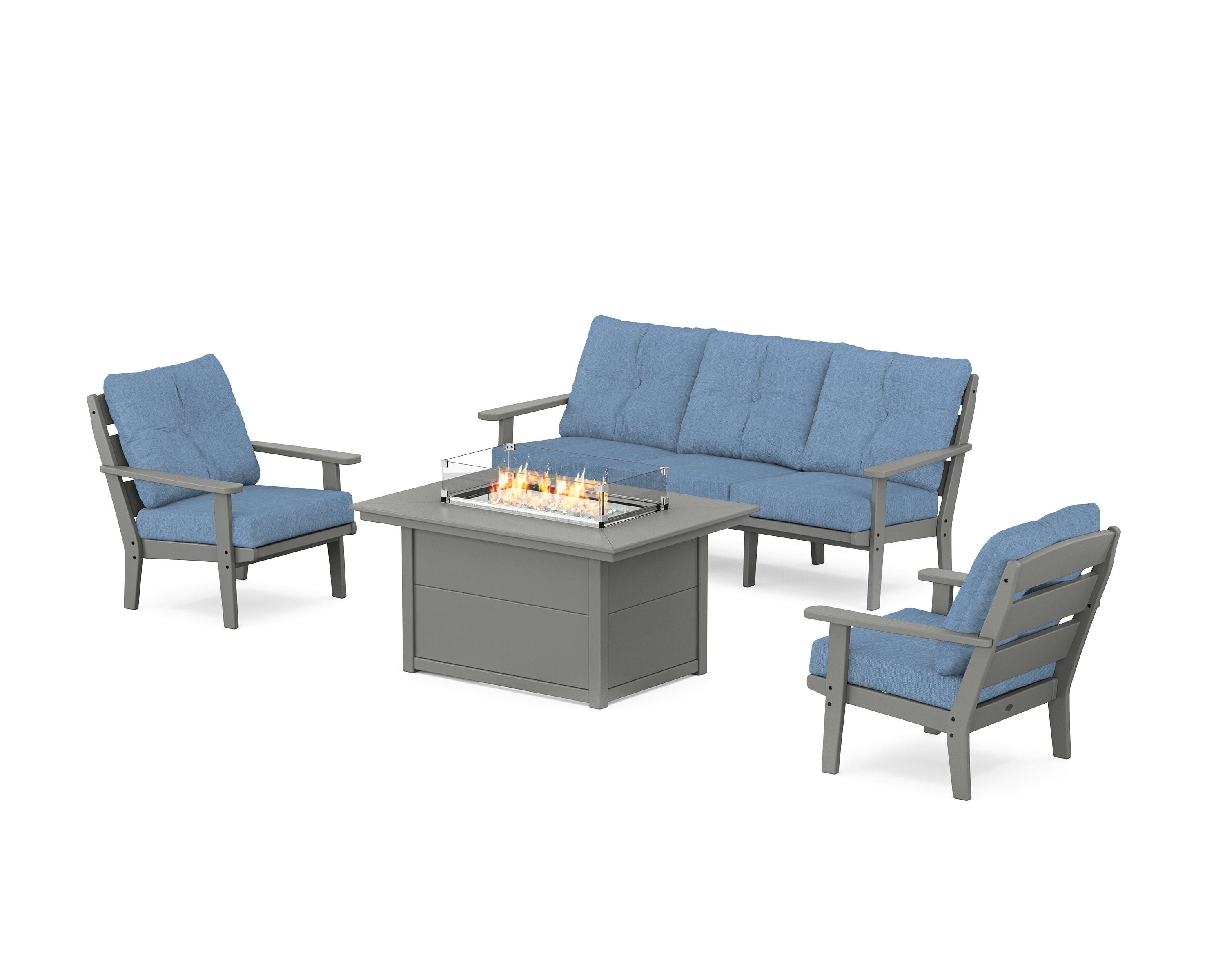 POLYWOOD® Lakeside Deep Seating Fire Pit Table Set in Slate Grey / Sky Blue