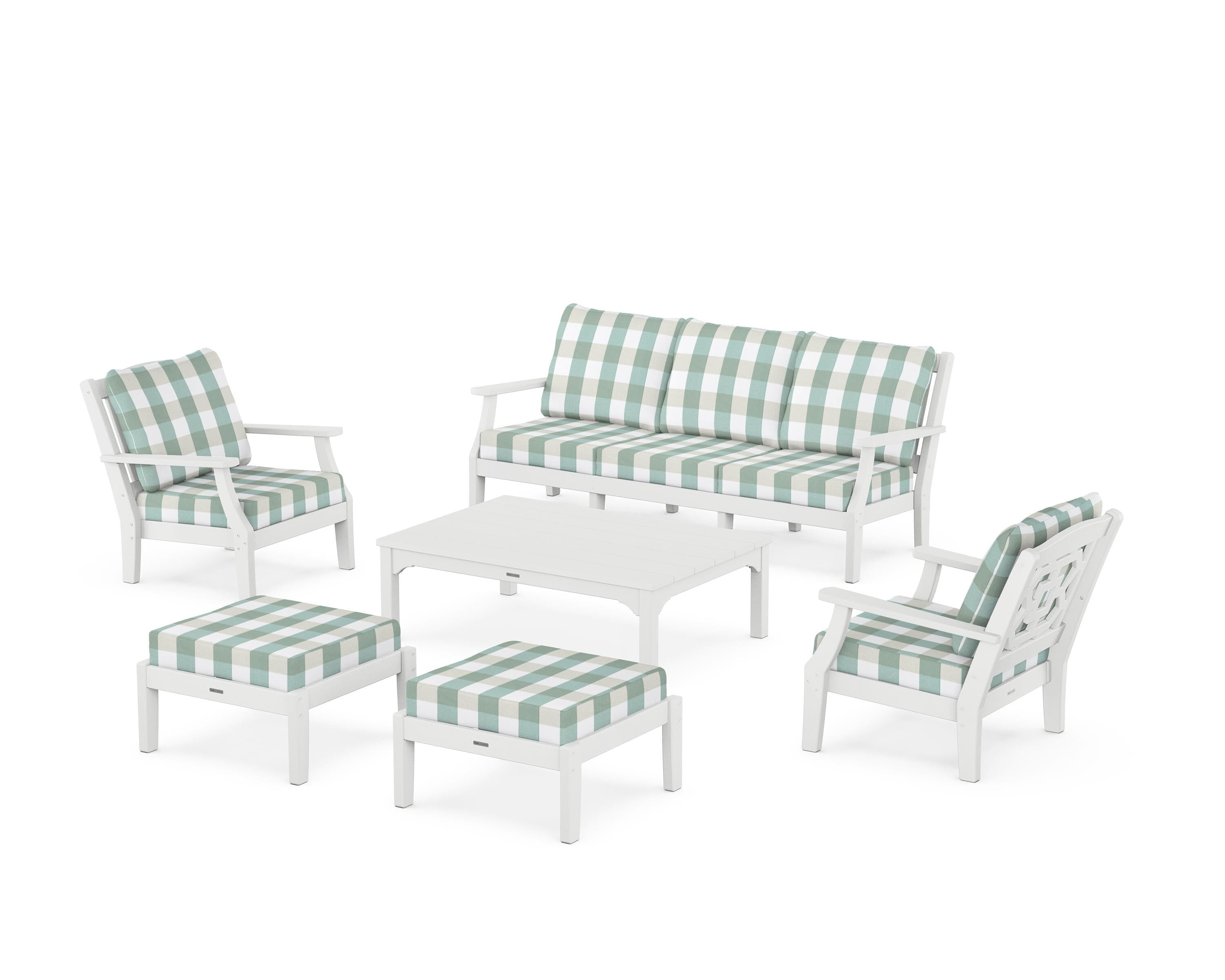 Martha Stewart by POLYWOOD® Chinoiserie 6-Piece Lounge Sofa Set in White / Buffalo Plaid Glacier Spa