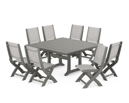 POLYWOOD® Coastal Folding Side Chair 9-Piece Farmhouse Dining Set in Slate Grey / Parchment Sling