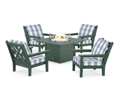 POLYWOOD® Chippendale 5-Piece Deep Seating Set with Fire Pit Table in Green / Buffalo Plaid Sky Blue