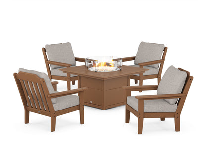 Country Living Cottage 5-Piece Deep Seating Set with Fire Pit Table in Teak / Weathered Tweed