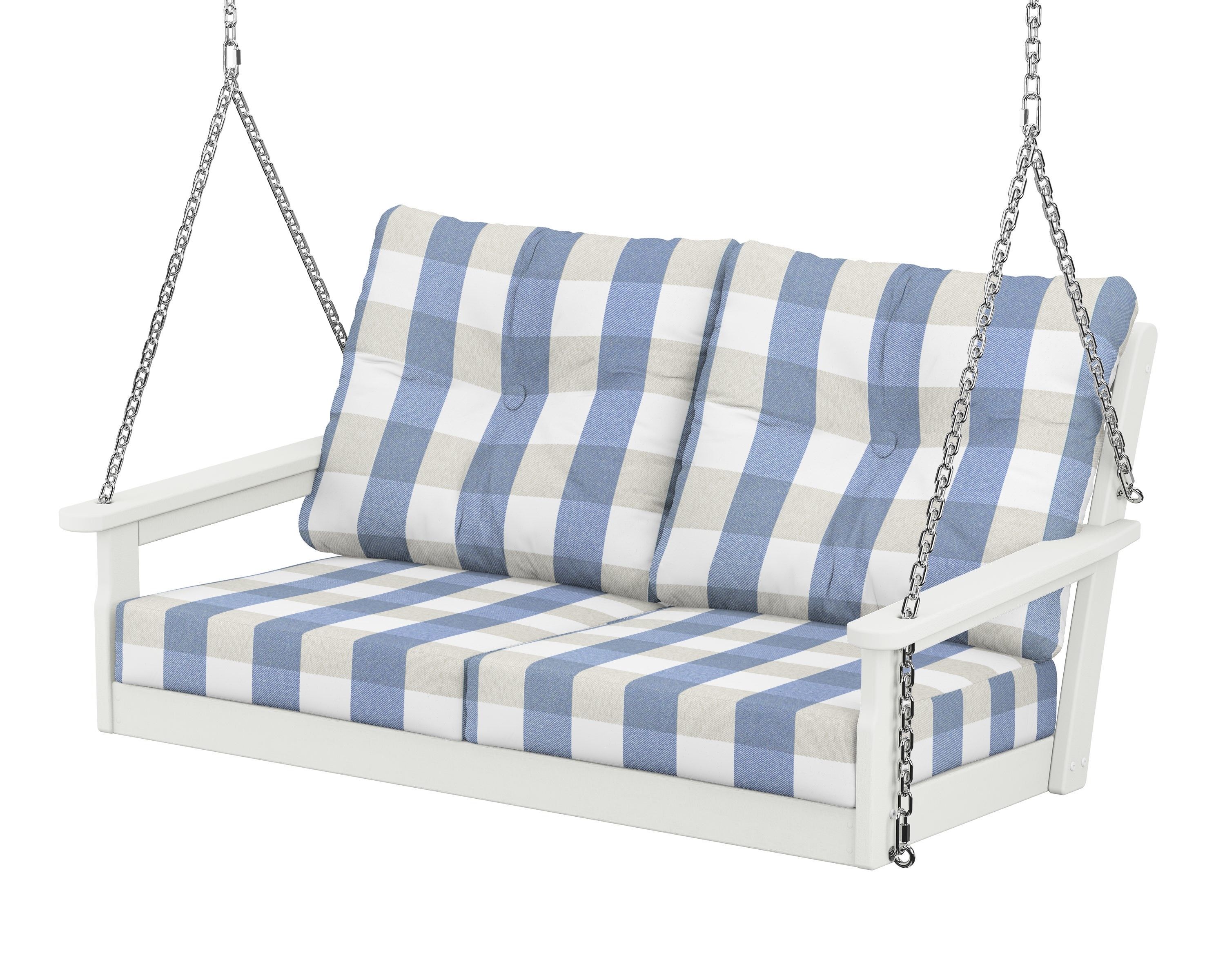 POLYWOOD® Vineyard Deep Seating Swing in Vintage White / Buffalo Plaid Sky Blue