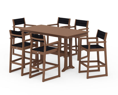 POLYWOOD® EDGE Sling Arm Chair 7-Piece Farmhouse Bar Set with Trestle Legs in Teak / Black Sling