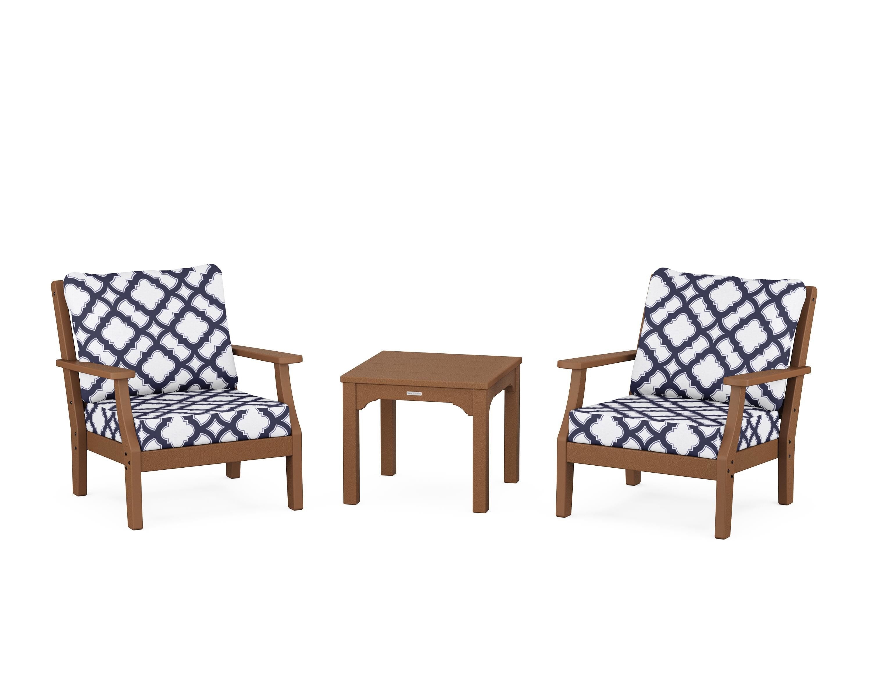 Martha Stewart by POLYWOOD® Chinoiserie 3-Piece Deep Seating Set in Teak / Trellis Navy