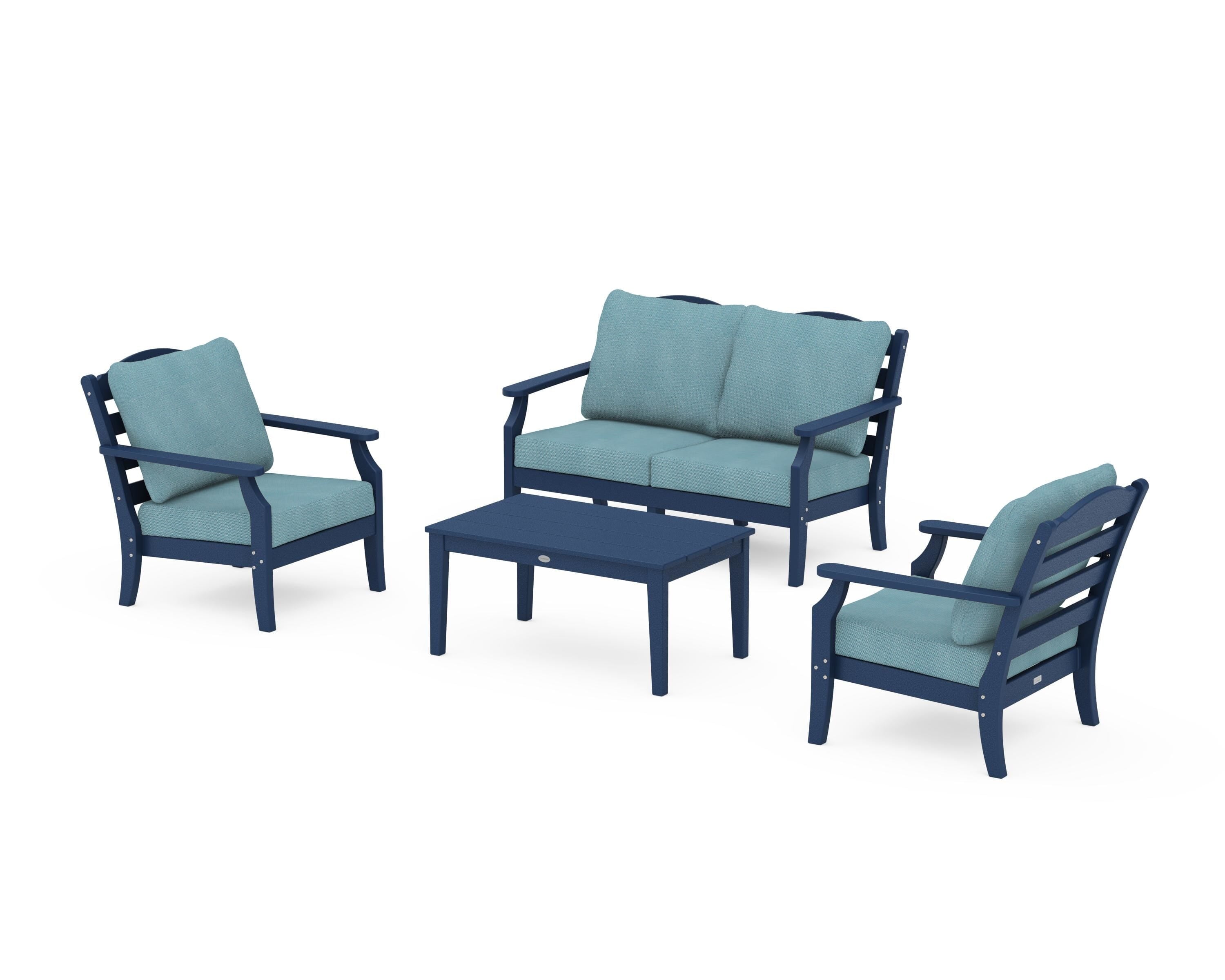Draper James™ by  POLYWOOD® Savannah 4-Piece Deep Seating Set with Loveseat in Navy / Lattice Sky Blue