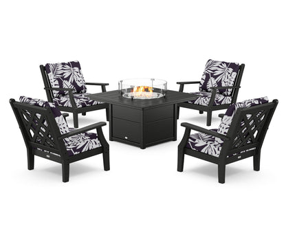 Country Living Wovendale 5-Piece Deep Seating Set with Fire Pit Table in Black / Leaf Navy