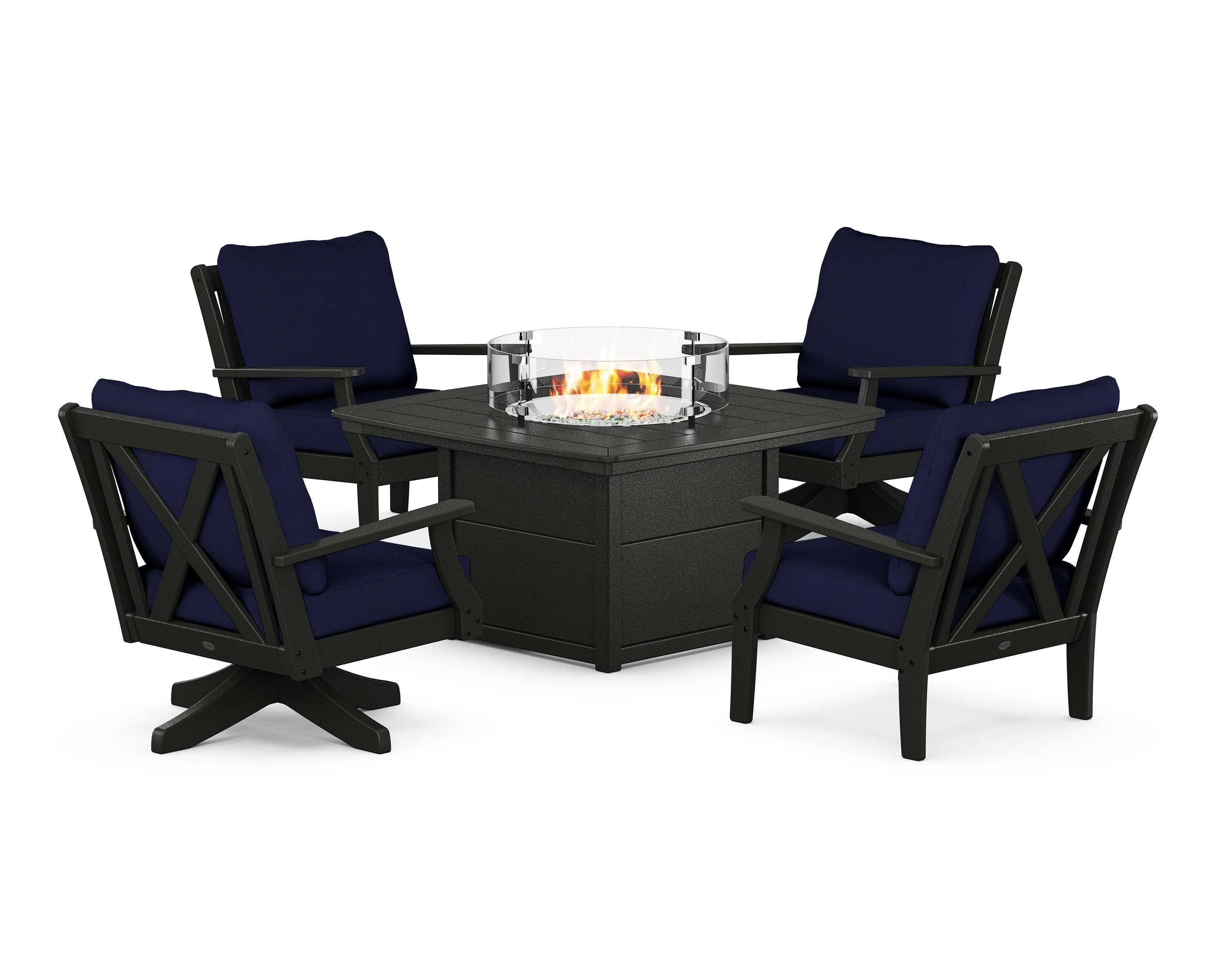 POLYWOOD® Braxton 5-Piece Deep Seating Set with Fire Table in Black / Navy