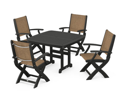 POLYWOOD® Coastal Folding Chair 5-Piece Dining Set in Black / Burlap Sling