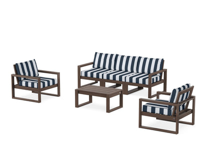 POLYWOOD® EDGE Sectional 4-Piece Deep Seating Set with Sofa in Mahogany / Cabana Stripe Marine Indigo