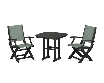 POLYWOOD® Coastal Folding Chair 3-Piece Dining Set in Black / Dupioni Sea Mist Sling