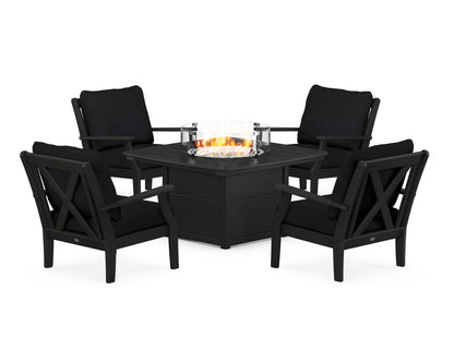 POLYWOOD® Braxton 5-Piece Deep Seating Conversation Set with Fire Pit Table in Black / Midnight Linen