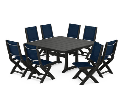 POLYWOOD® Coastal Folding Side Chair 9-Piece Farmhouse Dining Set in Black / Navy Blue Sling