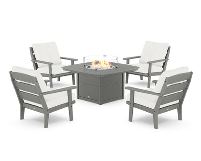 POLYWOOD® Lakeside 5-Piece Deep Seating Set with Nautical Fire Pit Table in Slate Grey / Natural Linen