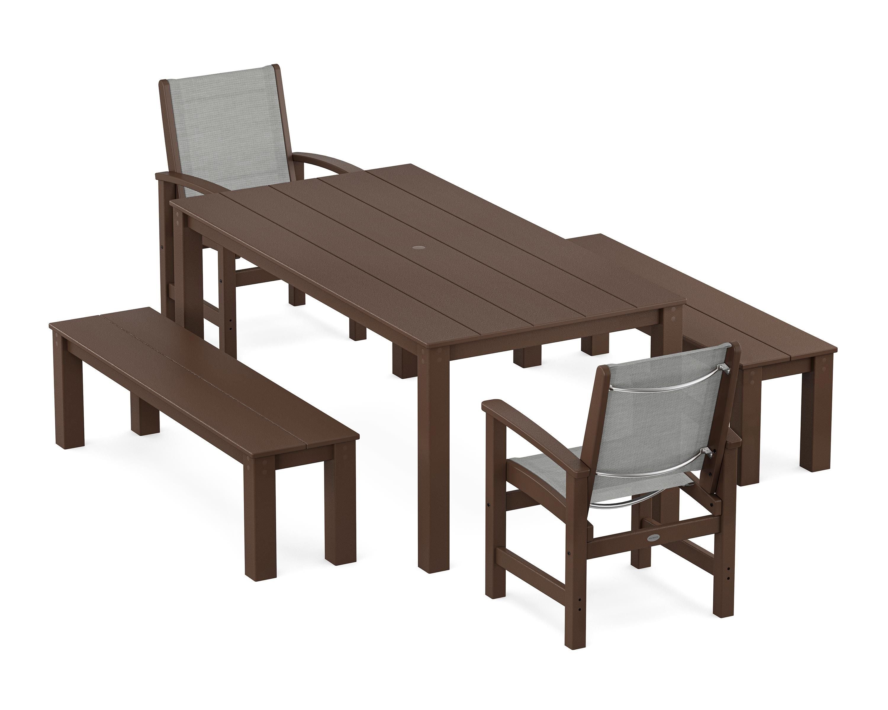 POLYWOOD® Coastal 5-Piece Parsons Dining Set with Benches in Mahogany / Metallic Sling