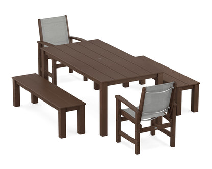 POLYWOOD® Coastal 5-Piece Parsons Dining Set with Benches in Mahogany / Metallic Sling