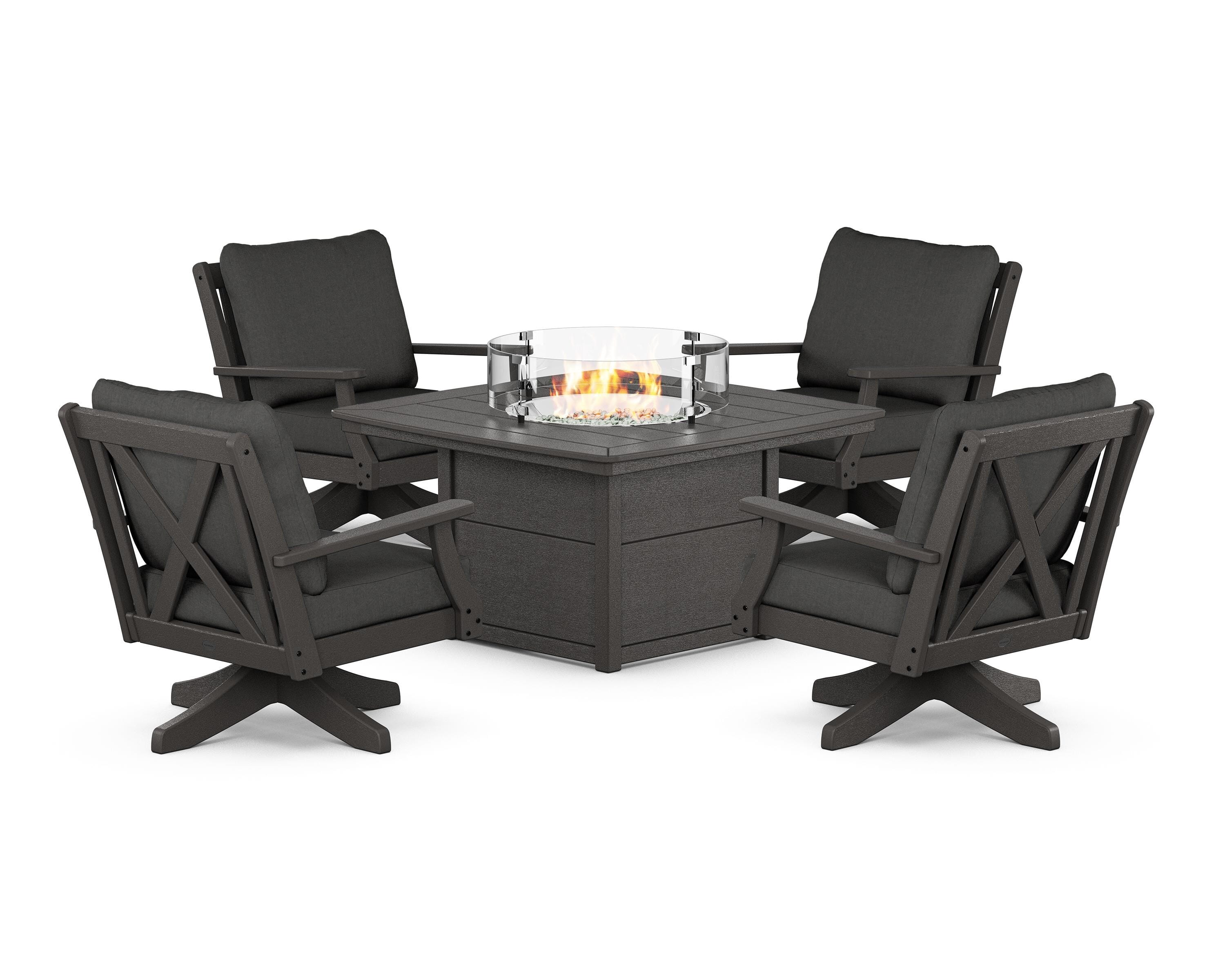 POLYWOOD® Braxton 5-Piece Deep Seating Swivel Conversation Set with Fire Pit Table in Vintage Coffee / Spectrum Carbon