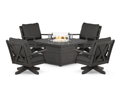 POLYWOOD® Braxton 5-Piece Deep Seating Swivel Conversation Set with Fire Pit Table in Vintage Coffee / Spectrum Carbon