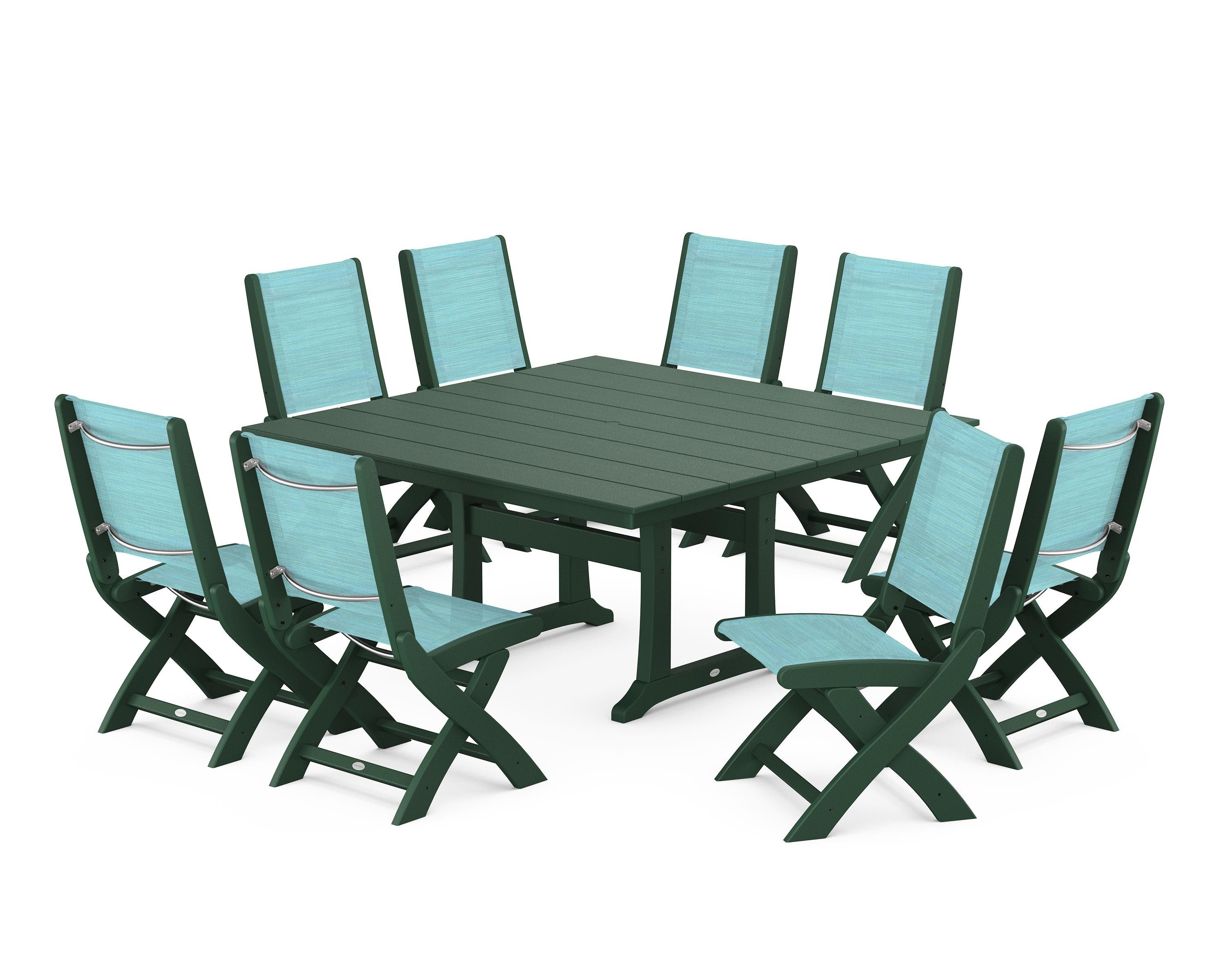 POLYWOOD® Coastal Folding Side Chair 9-Piece Farmhouse Dining Set in Green / Dupioni Aquamarine Sling