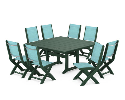 POLYWOOD® Coastal Folding Side Chair 9-Piece Farmhouse Dining Set in Green / Dupioni Aquamarine Sling