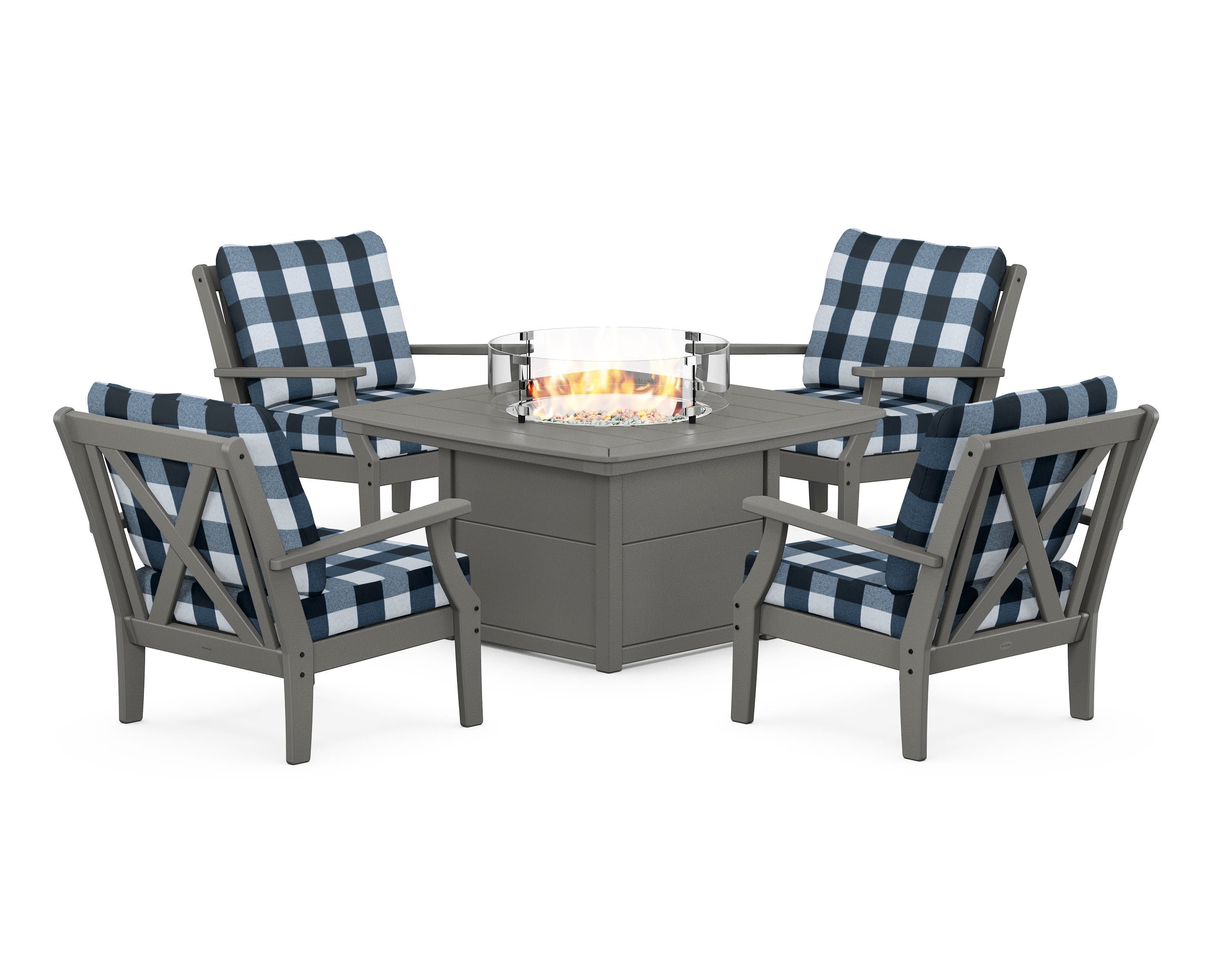 POLYWOOD® Braxton 5-Piece Deep Seating Conversation Set with Fire Pit Table in Slate Grey / Buffalo Plaid Marine Indigo